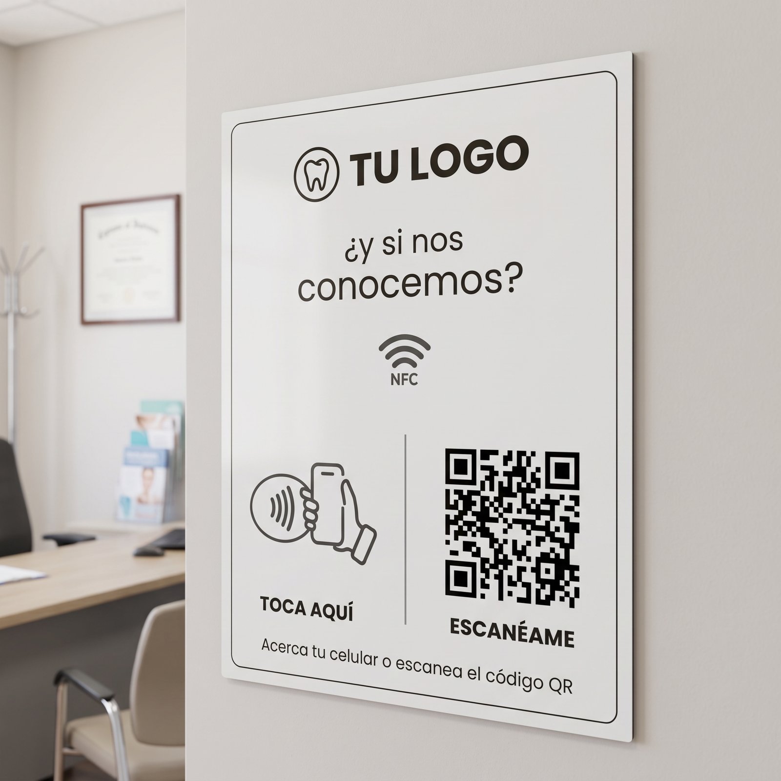 Ejemplo de placa NFC rectangular en un consultorio odontológico